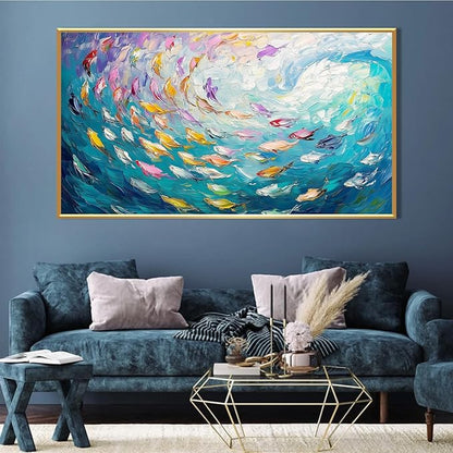 Fish Canvas Wall Art, Abstract School of Fish Canvas Wall Art, Ocean Picture Print, Sea Life Print Decor, Nautical Painting, Living Room, Bedroom, Bathroom Decor (Black Framed, 36"x20" | 92x52cm)