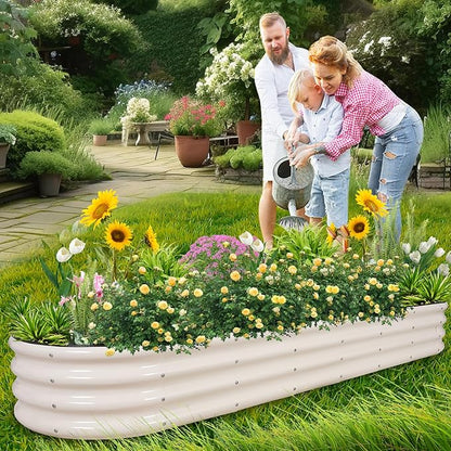 1MORE Galvanized Raised Garden Bed- Planter Garden Boxes Outdoor, Raised Beds for Gardening, 8x2x1ft Metal Garden Bed Kit for Vegetables Flower, Planter Raised Beds with Protective Tape & Tools.White