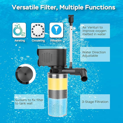Aquarium Filter 3-Stage in-Tank Filter, Small Internal Fish Tank Filter, Submersible Pumps Filter for 5-20 Gallon Tanks, Turtle Tank Filter, with Dual Water Outlet & Aeration