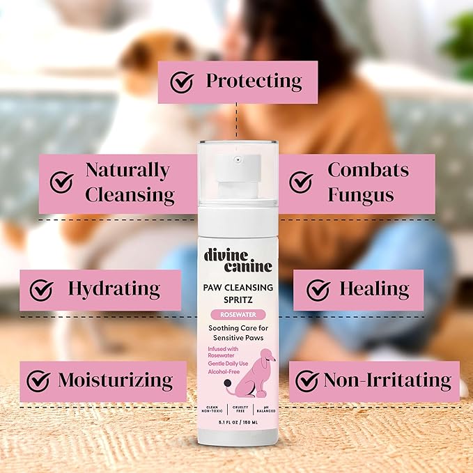 Dog Paw Cleaner - 5.1 Fl Oz of Alcohol Free Paw Cleansing Spray - Made with Rosewater, Aloe, Copaiba Oil, and Lemongrass Oil to Nourish and Clean Paws - Made in The USA