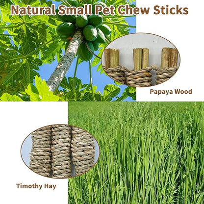Fhiny 12 PCS Rabbit Chew Sticks, Natural Papaya Wood Seagrass Guinea Pig Chew Toys for Teeth Small Animal Molar Sticks Snacks for Bunny Guinea Pig Chinchilla Ferret Hamster Gerbil Dental Care