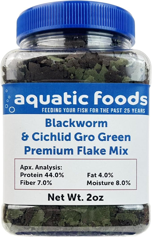Aquatic Foods Inc. California Blackworm & Cichlid Green GRO Premium Flakes for Discus, Cichlids All Community Tropical Fish Also Pellet Mix, Wafer Mix Included…2oz