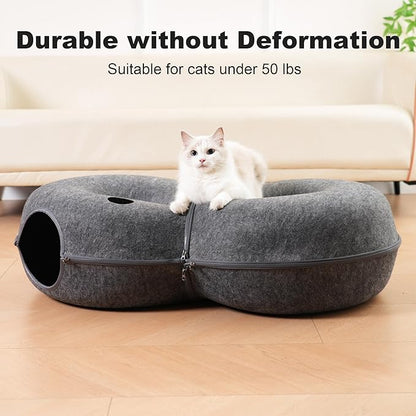 8-Shaped Large Cat Tunnel Bed for Indoor Cats, Infinite Circulation Peekaboo Cat Cave with 12 Toy Balls, Cat Donut Tunnel for Cats up to 30 Pounds (Dark Grey, L 38x24x11in)