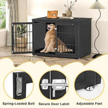 42" Heavy Duty Dog Crate Furniture for Large and Medium Dogs, Enclosed Design Wooden Metal Kennel, Wooden Cage Furniture Indoor, Decorative Dog Kennel End Table