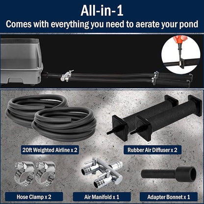 AquaMiracle All-in-1 Koi Pond Aeration Kit Pond Air Pump with Self-Sinking Airline Rubber Air Diffuser, Air Flow Control Pond Aerator for Outdoor Pond 5,000-10,000 Gallons