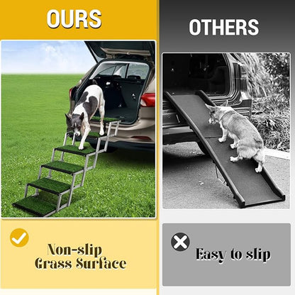 Extra Wide Dog Stairs for Car, Portable Folding Dog Ramps,Doggy Steps for Large Dogs with Non-Slip Grass Rug for Cars, SUV, Trucks, Lightweight Pet Ramp Supports Up to 200 lb, 6 Steps