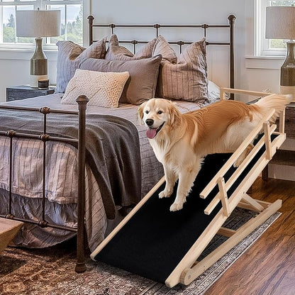 Dog Ramp, 5 Level Adjustable Height Folding Pet Ramp for High Bed, Portable Paw Ramps Large Bed Ramp for Medium & Large Old Dogs & Cats - Natural Wood Furniture Quality