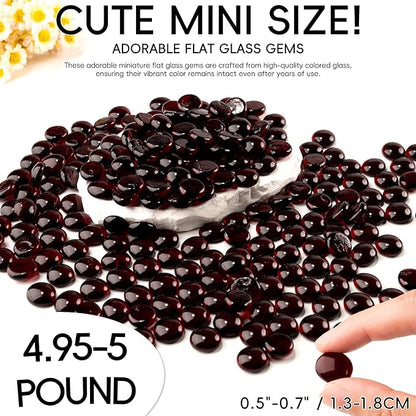 5 LB Dark Red Glass Marbles, Mini Flat Glass Beads for Vase Fillers, Floral Bottom Mancala Gems Pebbles Fish Tank Rocks for Table Aquarium,Home Decor Art Craft Supplies(0.5"~0.7")