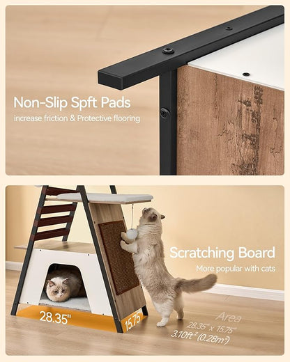 FourFurPets 72.4" Cat Tree, Modern Cat Tower for Indoor Cats, Multi-Level Cat Condo with Caves, Tall Cat Tree with Cat Scratching Board, Wooden Cat Tower with Large Perch, Removable Pads, Camel Brown