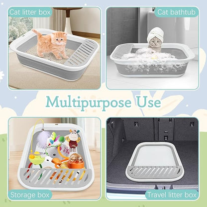 Fhiny Cat Litter Box Portable Shallow Litter Box 17.7"x13.4"x4.9" Foldable Cat Toilet with Scoop Open Kitty Potty Pan with Litter Drop Pedal Easy to Clean Travel Kitten Toilet(Gray)
