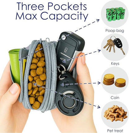 Dog Treat Pouch for Pet Walking and Training with Clicker Poop Bags and Three Bags Design Small Fanny Zipper Pack Holder for Puppy Snack Dispenser Kit for Leash and Outdoor Use (Gray)