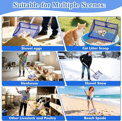 12 Inch Chicken Poop Scooper & Rake 2-in-1, Large Metal Shovel Head, Rubber Handle Stainless Steel Chicken Litter Scoop for Chicken Coops, Litter Screening Scoop (35 to 65in) US Patent Pending (Blue)