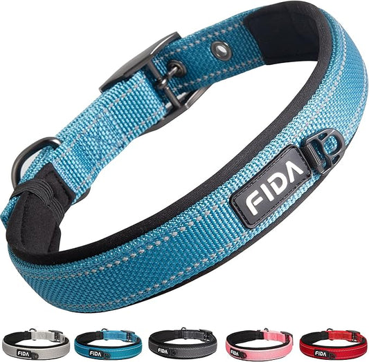 Fida Heavy Duty Dog Collar, Ultra Comfortable Soft Neoprene Padded, Adjustable Reflective Nylon Pet Collar with Durable Metal Belt Buckle for Large Breeds (L, Blue)