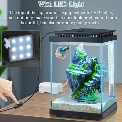 FEDOUR Small Glass Aquarium, 1 Gallon Desktop Fish Tank, Betta Fish Tank, Mini Aquarium Starter Kit with Air Pump LED Light Decoration Water Changer Fish Net (Black)