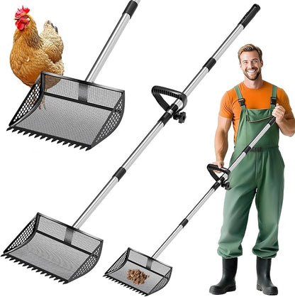 12 Inch Chicken Poop Scooper & Rake 2-in-1, Large Metal Shovel Head, Rubber Handle Stainless Steel Chicken Litter Scoop for Chicken Coops, Litter Screening Scoop (35 to 65in) US Patent Pending (Black)