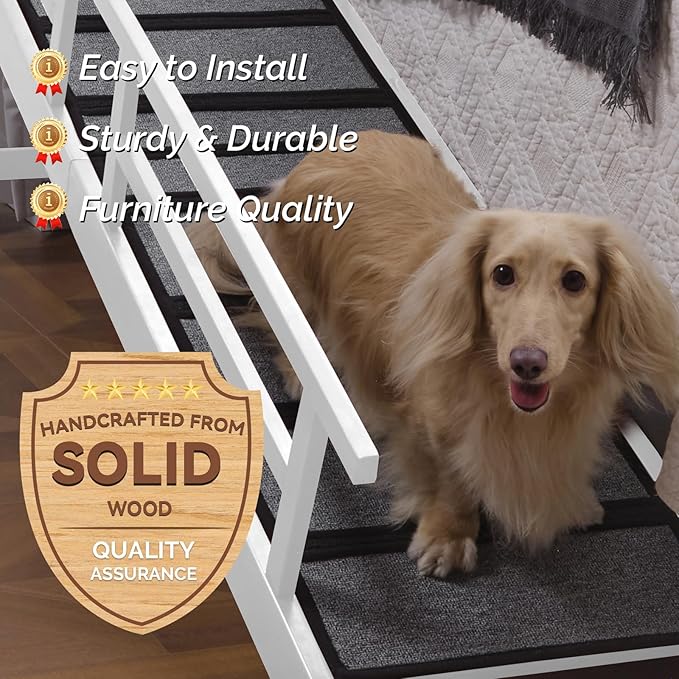 Dog Ramp for Bed or Couch, Wooden Pet Ramp with 20° Gentle Slope, Removable Side Rails, Non-Slip Surface, Top Platform & Wheels, Safe Bed Ramp for Small, Medium & Senior Dogs, 74" Long, White