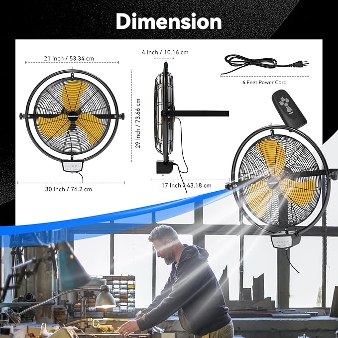 20 IN 5500 CFM Remote Control Wall Mount Fan, 3 Speed High Velocity Wall Fan with Timer, Oscillation & Tilting, Air Circulator for Garage, Commercial, Greenhouse, Warehouse & Gazebo Use, UL Listed