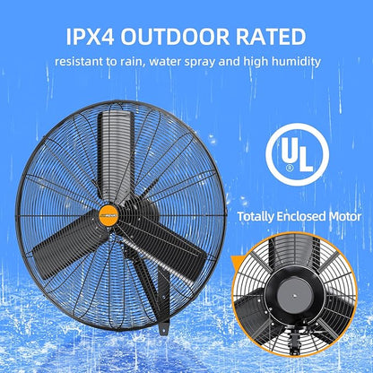 24 inch Outdoor Oscillating Wall Mounted Fan, High Velocity IPX4 Waterproof 7600 CFM Industrial Metal Wall Fan, 2 Speed, Adjustable Tilt, for Greenhouse, Patio, Garage, Workshop
