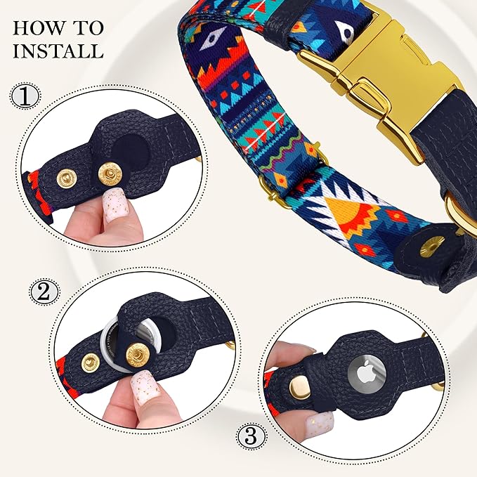AirTag Dog Collar for Small Medium Large Breed - Adjustable Cute Pattern Dog Collar with Airtag Holder - Soft Leather Tracker GPS Apple Air Tag Pet Collars (Small, 12"-15" Neck Fit, Navajo)