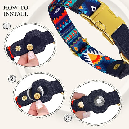 AirTag Dog Collar for Small Medium Large Breed - Adjustable Cute Pattern Dog Collar with Airtag Holder - Soft Leather Tracker GPS Apple Air Tag Pet Collars (X-Small, 9"-12" Neck Fit, Navajo)