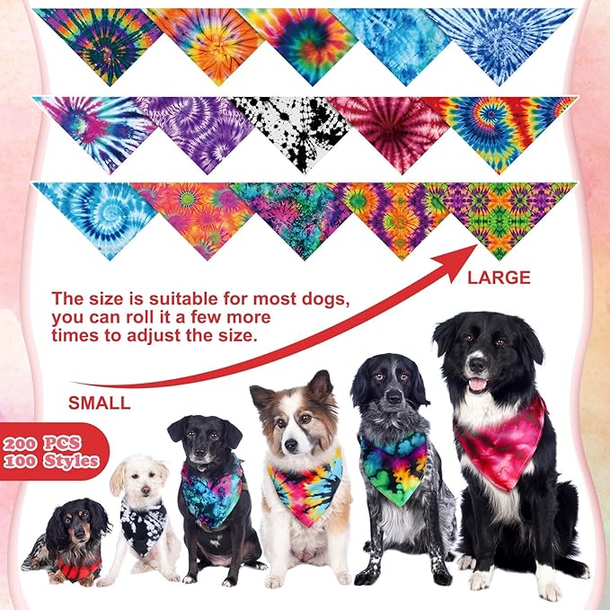200 Pcs Dog Bandanas Bulk Pet Bibs Colorful Triangle Scarf Pet Bandanas for Medium Large Dogs Spring Summer Birthday Costume Decoration (Tie Dye)