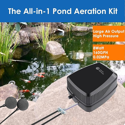 AquaMiracle All-in-One Koi Pond Aerator for Outdoor Ponds up to 1500 Gallons, Pond Air Pump Pond Aeration System with 2-Outlet Manifold Airline Tubing Air Stones Check Valves