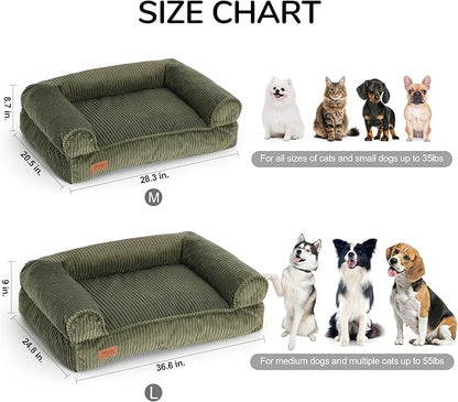 FUKUMARU Dog Couch Bed, Corduroy Cozy Cat Bed for Indoor Cats with Washable Cover, Supportive Waterproof Dog Beds Sofa for Small Dogs and Large Cats Cute, 28inch, Medium, Green