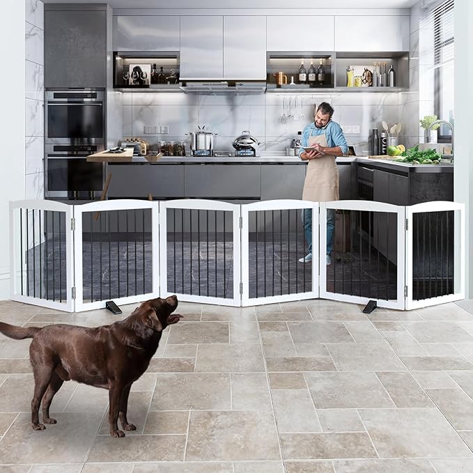 Freestanding Panel Dog Gate for Indoor Doorways, Stairs, or Hallways, Foldable Wooden Pet Gate, Support Feet Included, 24" Height-6 Panels, White