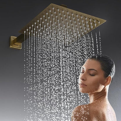 10" Square Rainfall Bathtub and Shower Trim Systems with Rotating Handheld Sprayer, Foldable Tub Spout, Wall-Mounted, Solid Brass Valve with Shampoo Platform- Brushed Gold (Square, Brushed Gold)