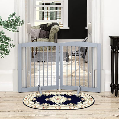 Freestanding Pet Gate for Dogs, Foldable Wooden Dog Gate for House, Indoor Pet Barrier for Stairs, Doorways, Support Feet Included, 24" Height 2 Panels, Grey