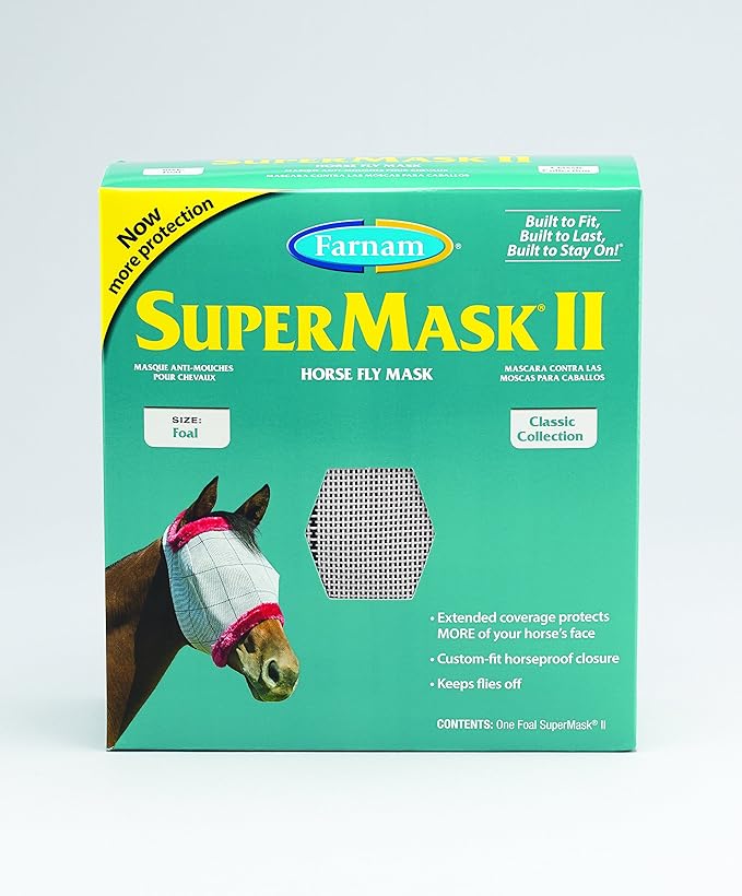 Farnam SuperMask II Fly Mask Without Ears for Foals, Full Face Coverage and Eye Protection from Insect Pests, Structured Classic Styling Mesh with Plush Trim, Foal Size