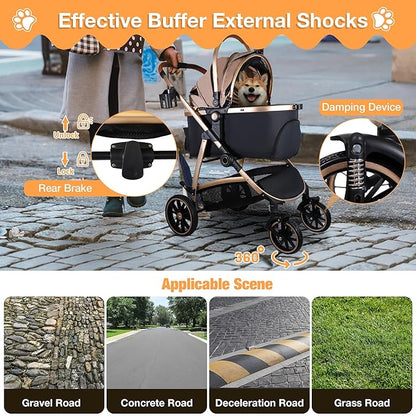 Dog Stroller for Small Medium Dogs, 3 in 1 Folding Pet Stroller Up to 33 lbs, 4 Wheels Pet Strolling Cart with Zipperless Entry, Cat Dog Travel Carrier with Cup Holder & Storage Basket