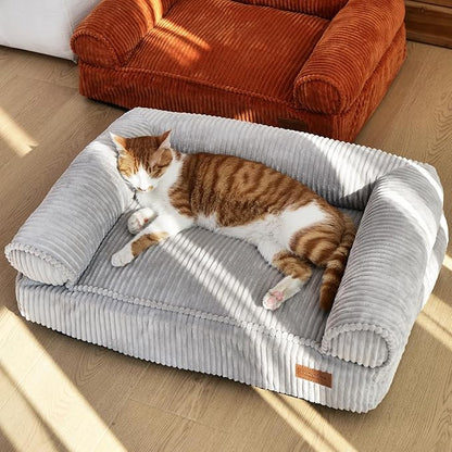FUKUMARU Dog Couch Bed, Corduroy Cozy Cat Bed for Indoor Cats with Washable Cover, Supportive Waterproof Dog Beds Sofa for Small Dogs and Large Cats Cute, 28inch, Medium, Light Grey