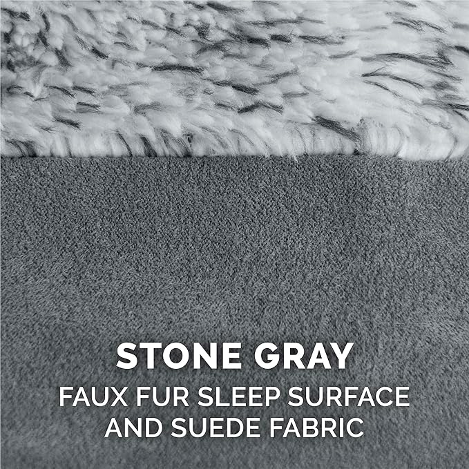 Furhaven Cooling Gel Dog Bed for Medium/Small Dogs w/ Removable Bolsters & Washable Cover, For Dogs Up to 35 lbs - Two-Tone Plush Faux Fur & Suede L Shaped Chaise - Stone Gray, Medium