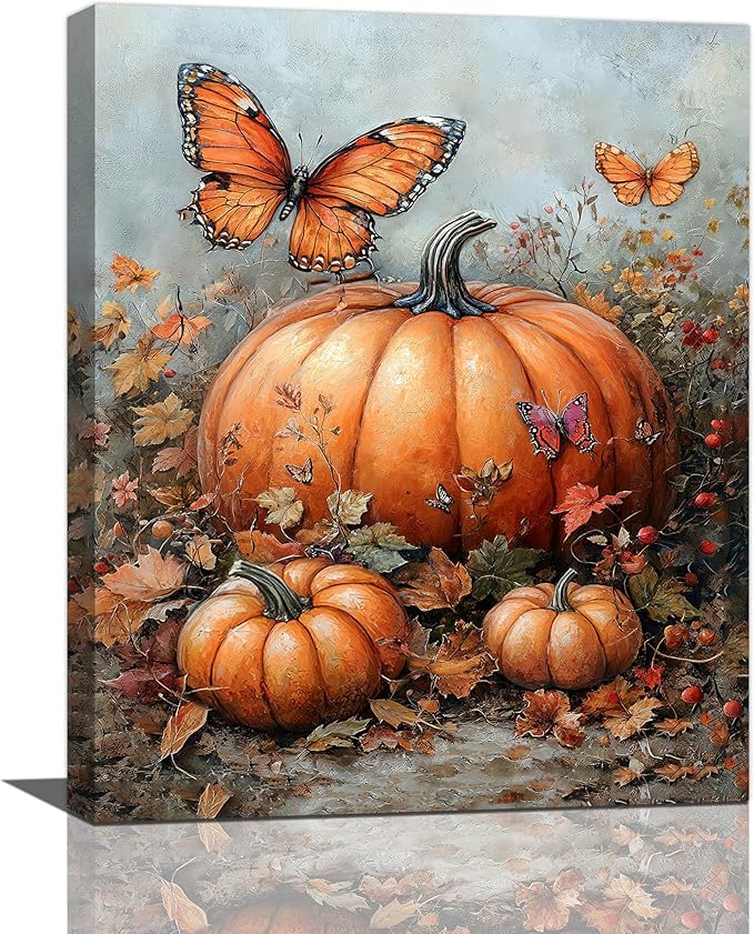 Fall Pumpkin Pictures Wall Art, Rustic Thanksgiving Bathroom Wall Decor, Farmhouse Autumn Butterfly Framed Painting Canvas Artwork for Harvest Gift Bedroom Living Room Decorations 20"L x 16"W