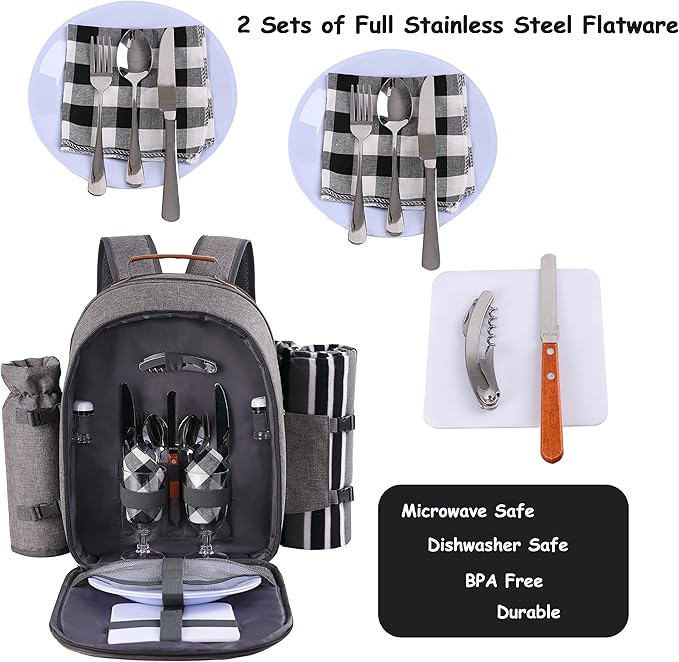Apollo Walker Picnic Backpack Set for 2 Person with Cooler Compartment, Detachable Bottle/Wine Holder, Fleece Blanket, Plates and Cutlery Set