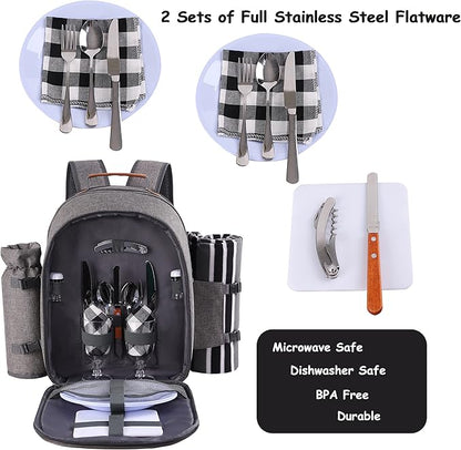 Apollo Walker Picnic Backpack Set for 2 Person with Cooler Compartment, Detachable Bottle/Wine Holder, Fleece Blanket, Plates and Cutlery Set