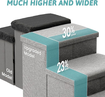 Dog Stairs with Storage, 3-Step Wider Sturdy Dog Steps for Small/Medium/Large Dogs and Older Cats, Folding Doggie Ramp for Bed/Couch/Car Hold Up to 180 lbs (16.7" H, Grey)