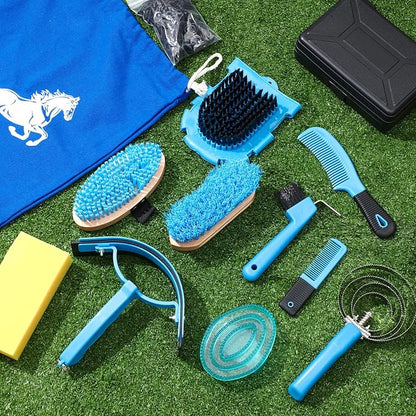 Abbylike 12 Pieces Horse Grooming Kit Racing Festival Tack Room Supplies Horse Brush Sets Equine Care Cleaning Kit Shedding Grooming Massaging Tools(Blue)