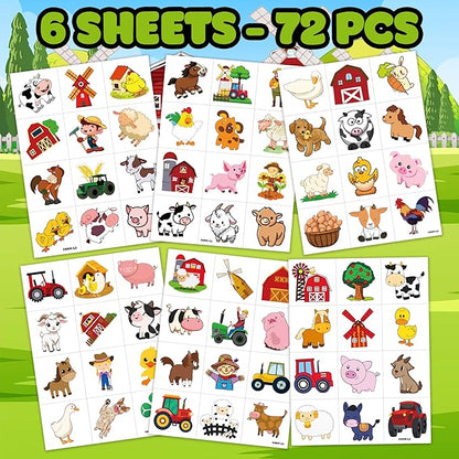 72 PCS Farm Barnyard Animal Pre-Cut Temporary Tattoos Sticker Birthday Decorations Party Supplies Favors Gift Boy Girl Farmhouse Cow Chicken Tattoo School Reward Themed (Normal)