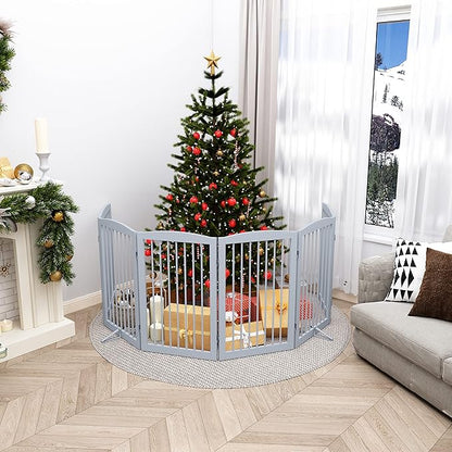 Freestanding Pet Gate for Dogs, Indoor Wooden Foldable Dog Gate for House, Extra Wide, Pet Fence for Stairs, Doorways, Halls, Support Feet Included, 120 Inch Wide, 6 Panels 32",Grey