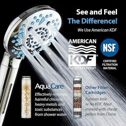 AquaCare High Pressure 10 Spray Mode Filtered Showerhead - Handheld Shower Head Filters Chlorine to Heal Dry Skin, Revive Hair - Dual Power Wash Cleans Tub, Tile, Pets - Hard Water Softener, Chrome