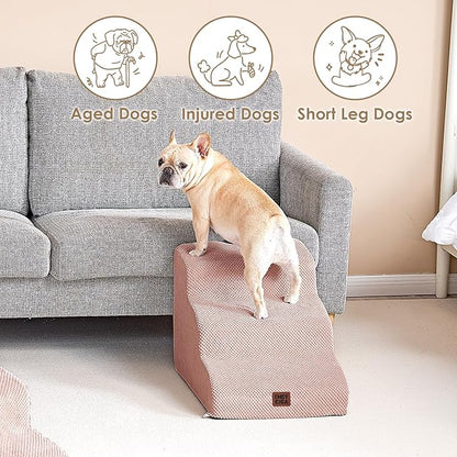EHEYCIGA Curved Dog Stairs Ramp for Small Dogs 15.7" H, 3-Step Dog Steps for Couch Sofa and Chair, Pet Stairs for Cats, Non-Slip Balanced Pet Steps Indoor, Dusty Pink