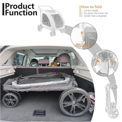 Extra Large Dog Stroller for Medium & Large Pets - Foldable Design, Adjustable Handle, Up to 130 lbs(Black)