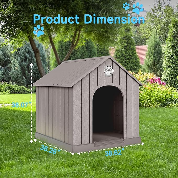 DRATO Indoor Outdoor Waterproof Dog House,PP Material,Puppy Shelter with Air Vents and Elevated Floor,Sturdy Dog Kennel for Small to Large Sized Dogs, Easy to Assemble (Gray, 38.62×36.26×38.07 Inches)
