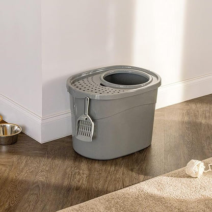 Amazon Basics Large Cat Litter Box with High Sides, Top Entry, Includes Scoop, 20.5 x 14.75 x 14.38 inches, Grey