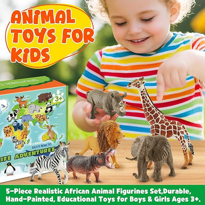 6PCS Safari Animal Figure Toys for Kids 3-5 Realistic Plastic Jungle Animal Figurines African Wildlife Learning Toys for Kids Boys Girls Toddlers