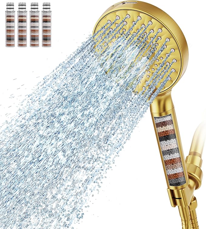 Filtered Shower Head with Handheld, High Pressure 9 Spray Mode Brushed Gold Showerhead with 4 Filters, Detachable Shower Head, Water Softener Filters Beads for Hard Water - Remove Chlorine