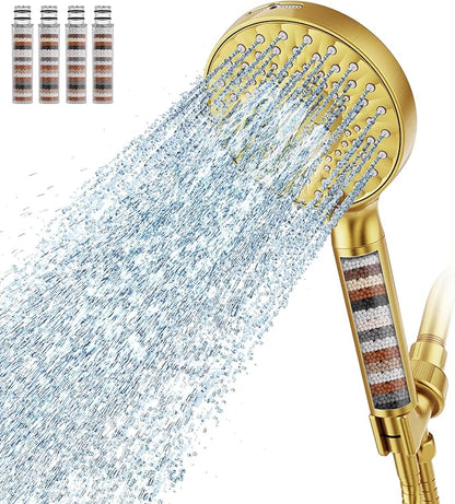 Filtered Shower Head with Handheld, High Pressure 9 Spray Mode Brushed Gold Showerhead with 4 Filters, Detachable Shower Head, Water Softener Filters Beads for Hard Water - Remove Chlorine