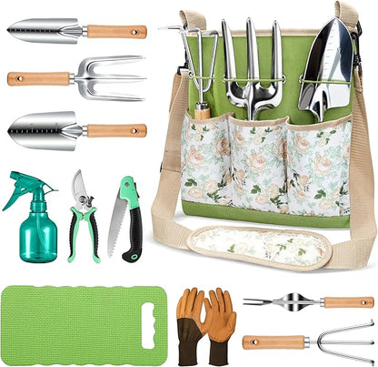 All-in-One Garden Tool Set, 11-Piece Heavy Duty Gardening Tools with Ergonomic Canvas Shoulder Crossbody Bag, Rust-Proof Premium Garden Tool Kit, Gardening Gift for Women Men, Green, GR003